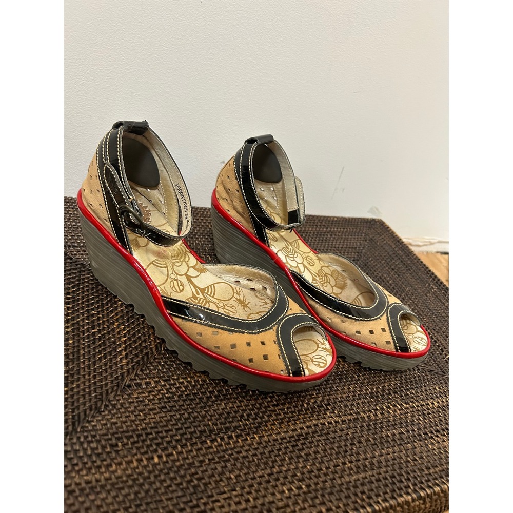 Fly London Ydel Wedge Sandals Womens 39 Tan Black Red Steampunk Platform